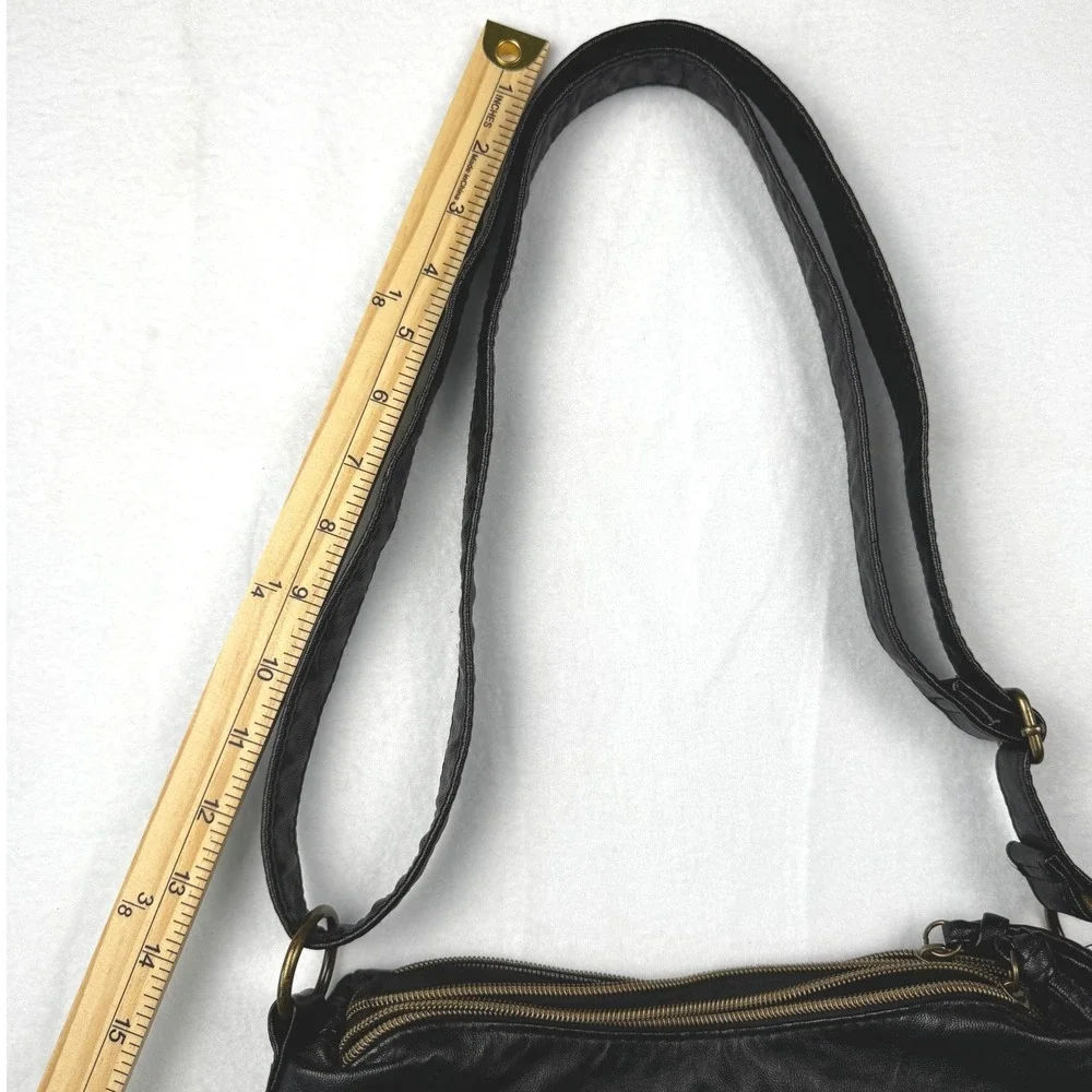 Stone & Co Black Faux Leather Crossbody Bag Multi Zip Adjustable Strap Pocket